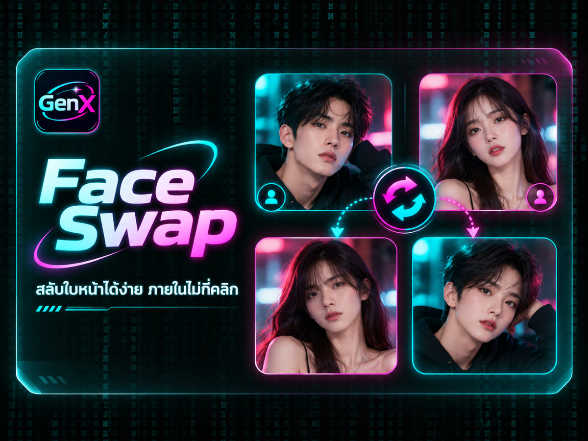 Face Swap — ตัวอย่างภาพบุคคลสองภาพแสดงแนวคิดการสลับใบหน้าและผลลัพธ์